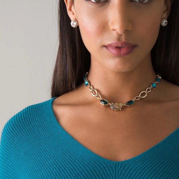 WHBM CONVERTIBLE Goldtone Blue GENUINE Gem Mix Double Row Statement Necklace - Picture 4 of 5